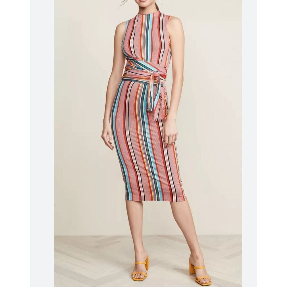 Alice & Olivia Delora colorful vertical striped wrap tie waist midi dress size 2